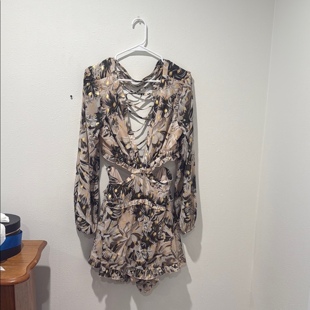 Cream and Black Backless Dress/Romper with Plunge Neckline and Bishop Sleeves